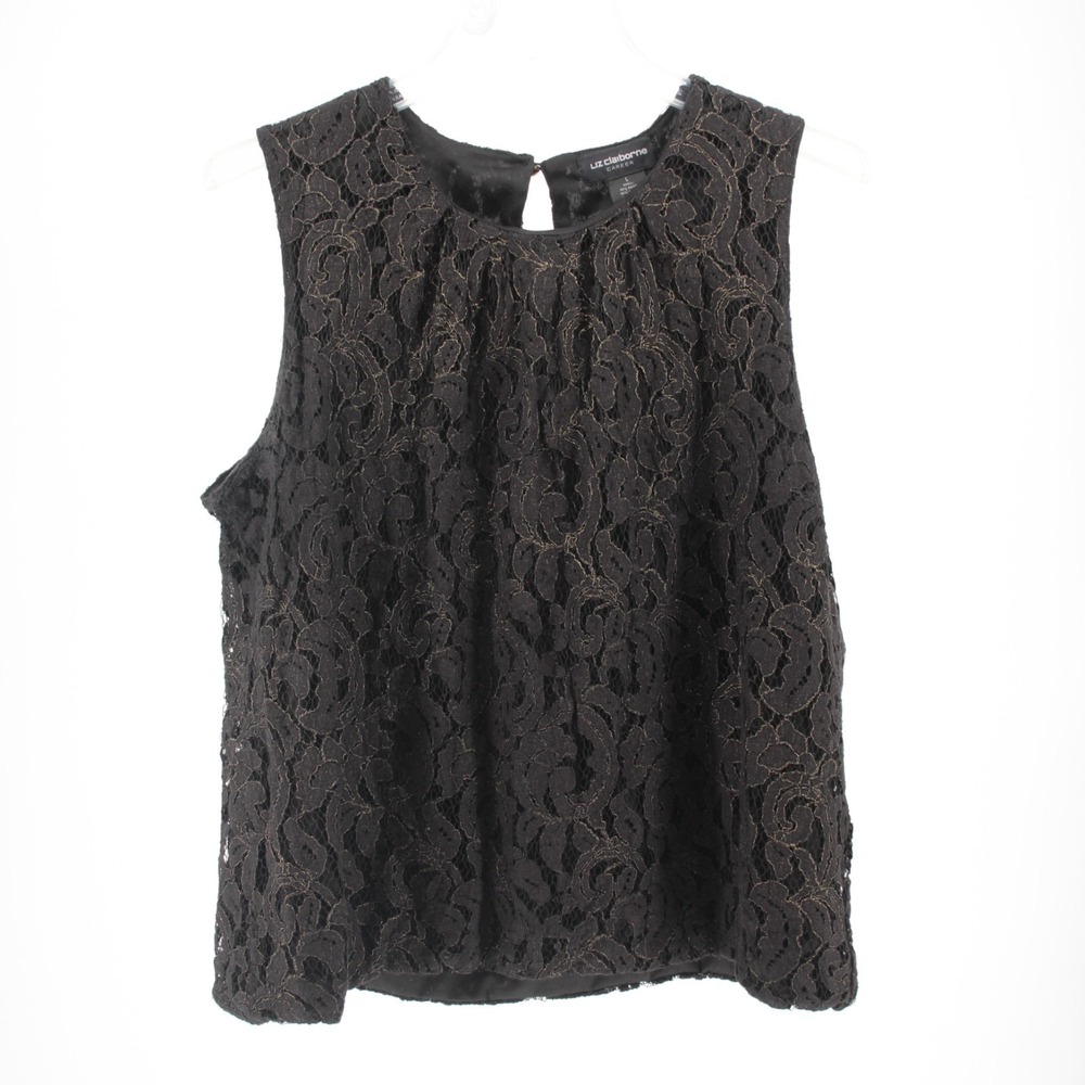 Liz Claiborne Women's Black Floral Lace Sleeveless Blouse Top Elegant Size L